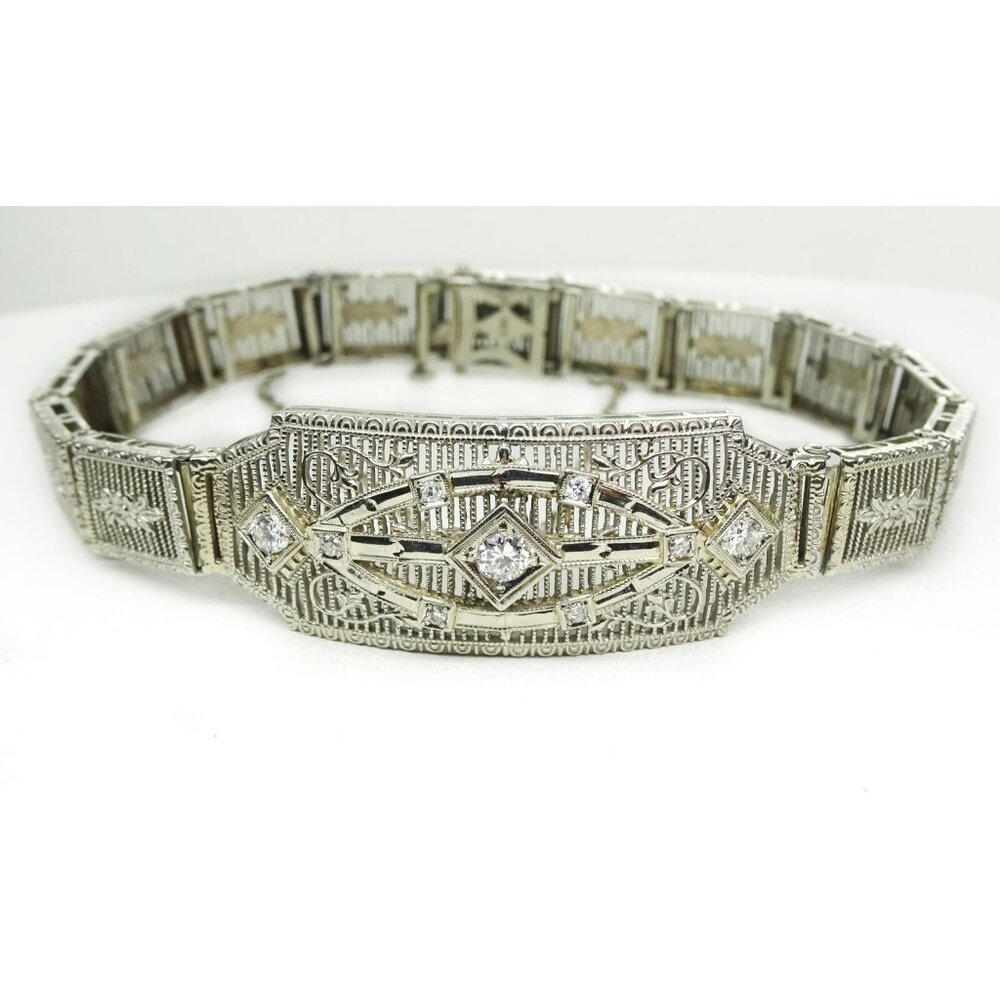 Vintage Art Deco 14k White Gold Diamond Station Bracelet